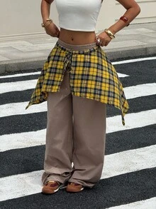 SHEIN EZwear 女式格子纯色拼接街头风格裤子 - 卡其色 - 查看 4