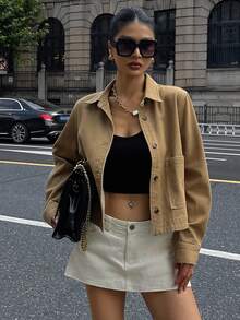 DAZY 时尚复古复古硬币图案棕色时尚高端牛仔夹克和外套 - 駝色 - 查看 3