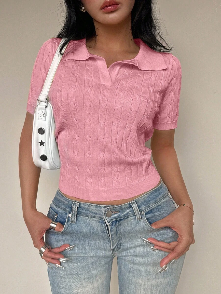 Flirla Áo thun tay ngắn cổ bẻ màu hồng, thường ngày, đa năng, cổ polo xoắn - Hồng - Xem 1