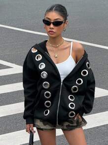 Muchica 2025 New Arrive Fall Women Fashion Avant-Garde Grommet Design Black Hooded Sweatshirt, Cropped Jackets For Going Out Outfits, Back To School,  Streetwear, Grunge And Punk Chic, Y2K Clothes, Edgy Clothes Woman And Unique Clothes