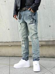 Manfinity EMRG Blugi pentru bărbați, spălați, învechiți, slim fit din denim