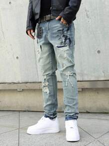 Manfinity EMRG 男式水洗做旧修身牛仔裤 - 淺色水洗藍 - 查看 1