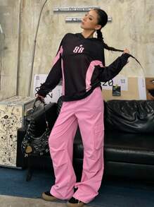 SHEIN Explorewe Streecool 儿童和青少年两件套：宽松连帽衫，带图案印花和工装裤，适合春秋季休闲装，适合上学和日常穿着 - 玫紅色 - 查看 8