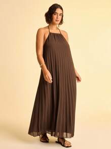 CAJUNI Plus Size Women's Boho Brown Pleated Halter Tie-Up Tassel Sleeveless Casual Summer Dress - Brown - View 3