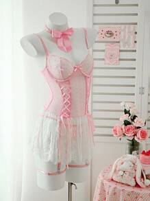 SHEIN Bộ đồ lót ren lưới màu hồng dễ thương và gợi cảm dành cho nữ 5 món, bao gồm vòng cổ nơ, đồ lót Kawaii, đồ lót dễ thương, đồ lót babydoll, đồ lót nơ, đi chơi - Hồng - Xem 6