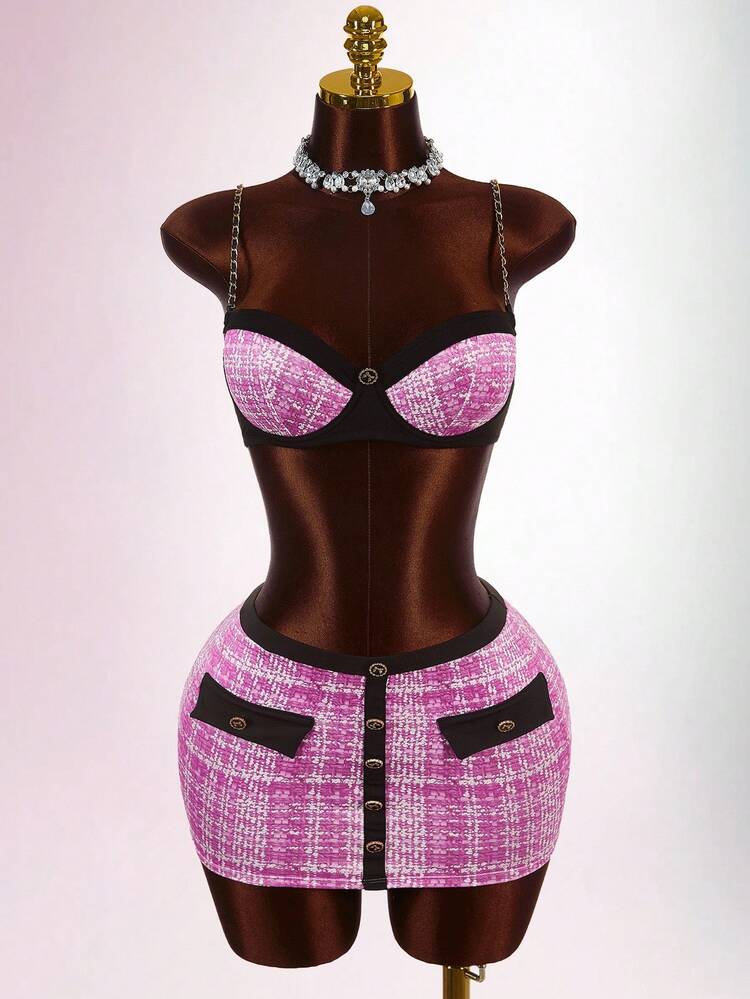 Amplova 女士格子短款吊带背心、撞色迷你裙和夹克三件套粉色三件套女士优雅粉色粗花呢套装 - 粉色 - 查看 4