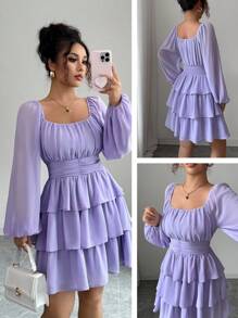 Selianne Đầm suông dáng chữ A, tay lỡ, ngắn, họa tiết bèo nhún, mặc đi chơi, đi nghỉ, tiệc trà chiều, màu trơn, cổ vuông, eo nhún, dáng suông, dáng suông, dáng suông, thời trang xuân/thu/đông cho nữ - Màu tím hoa cà - Xem 3