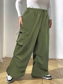 SHEIN CURVE+ 大码纯色抽绳腰阔腿休闲工装裤 - 軍綠色 - 查看 6