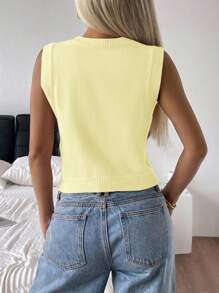 SHEIN EZwear Button-Down Casual Knit Crop Vest For Women In Soft Yellow Style Butter Yellow Top - Yellow - View 2