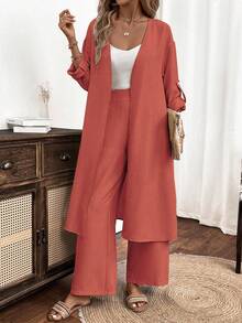 SHEIN JORESS 2件套女士纯色长袖上衣和阔腿裤套装 - 珊瑚橙 - 查看 6
