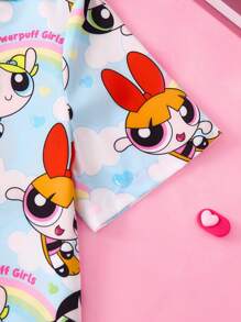 THE POWERPUFF GIRLS X SHEIN 女士蓝色短袖上衣和短裤睡衣套装，可爱卡通，泡泡、花朵、毛茛、云朵彩虹图案，梦幻、基本款休闲又酷炫，女士返校装，返校，学校上衣，基本款上衣，秋冬 - 藍色 - 查看 5