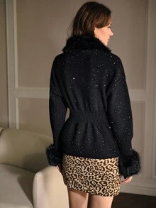MOTF PREMIUM FURRY TRIM CONTRAST SEQUIN CARDIGAN FOR AUTUMN & WINTER - Black - View 4