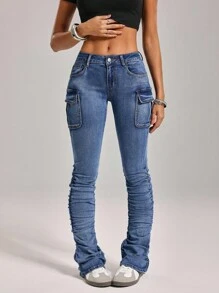 SHEIN Tall 女式休闲做旧斜口袋叠层牛仔裤 - 深色水洗藍 - 查看 8