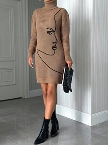 SHEIN Tall Vestido de malha justo com gola alta e manga comprida com estampa de rosto feminino - Castanho Café - Ver 4