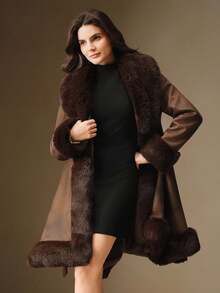 Anewsta Women's Fluffy Fur Collar Belted Faux Fur Jacket, Autumn/Winter - Brown - View 6