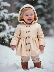 SHEIN Vintaside Kids 女婴冬季时尚休闲简约单排扣卡其色长袖连帽风衣外套，带棕色毛皮衬里，适合上学、日常拍摄、旅行