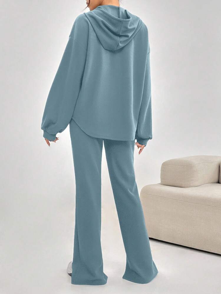 Veilorie 2 件套女士休闲字母印花抽绳连帽运动衫和裤子套装，秋季 2 件套 - 藍色 - 查看 3