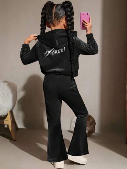 SHEIN Young Girl 2Pcs Sets Rhinestone Letter Pattern Velvet Hoodie & Flare Pants ,Sweatpants, Outfits,Cute & Casual & Vintage,Great For Casual & Daily Wear & School Daily In Summer & Autumn,For Christmas Fall Winter