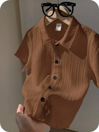 1 Piece Young Boy Casual College Comfortable With Turn-Up Collar Loose Short-Sleeved Shirt Suitable For Commuting To School Daily Casual College Suitable For Back To School Suitable For Birthday Parties, Parties, Performances, Weddings, Baptisms, Back To School Daily Suitable For School Suitable For Travel Suitable For Sports Suitable For Spring And Summer