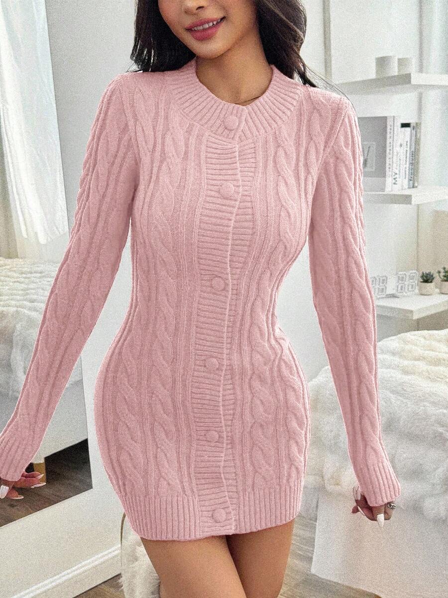EURMUSE Solid Color Front Button Cable Knit Fitted Mini Dress - Baby Pink - View 1