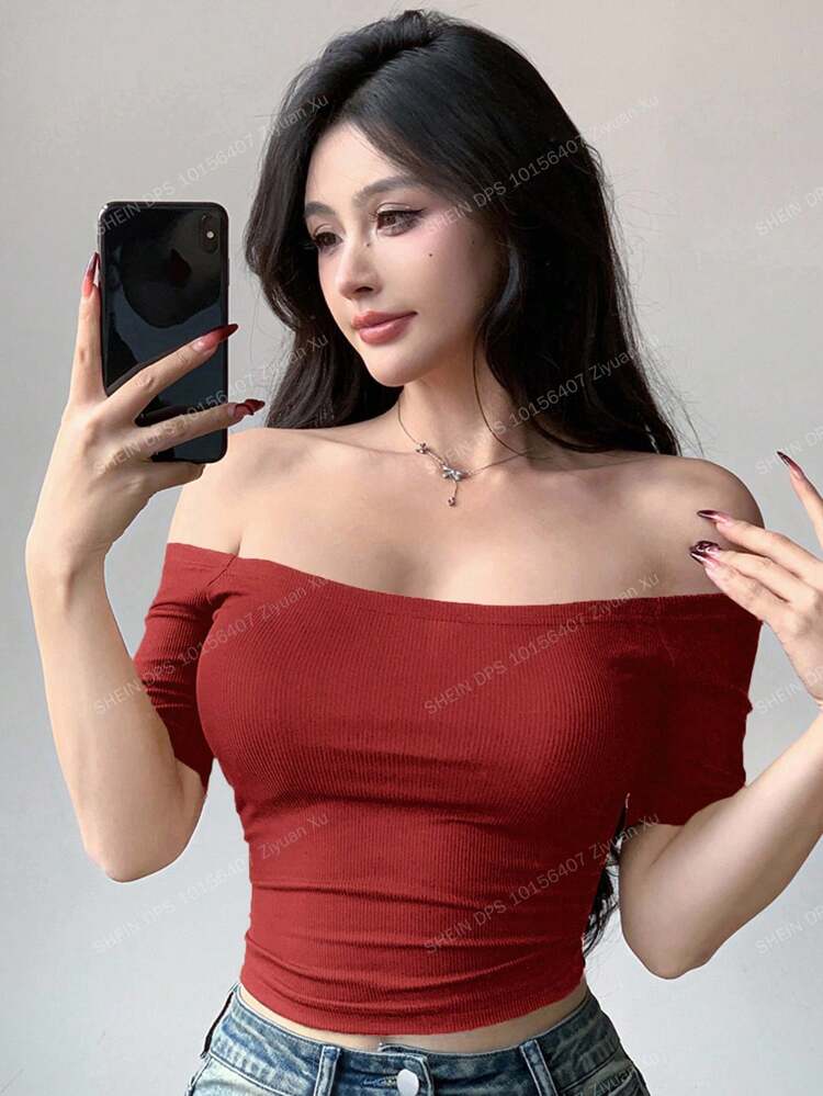 Solid Color Off Shoulder Tight Crop Top With Short Sleeves For Women Summer