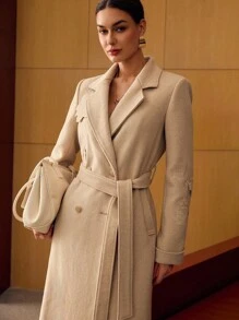 MOTF PREMIUM 羊毛花卉刺绣大衣，秋冬 - 卡其色 - 查看 6