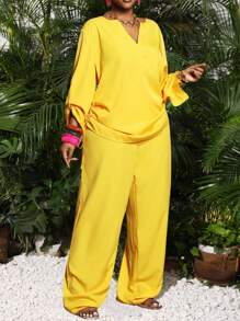 Slaydiva 两件套加大码女式西式休闲纯色深V领长袖上衣和长裤套装 - 黃色 - 查看 6