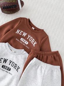 Cozy Pixies 4pcs Baby Boy Letter Print Soft Knit Crew Neck Long Sleeve Hoodie & Elastic Waist Ankle Pants Set Graphic Fall Winter - Multicolor - View 8