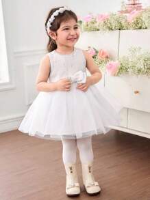 SHEIN Baby Girl Elegant Apricot Tweed Jacket & Mesh Dress Set Fall Winter - White - View 4