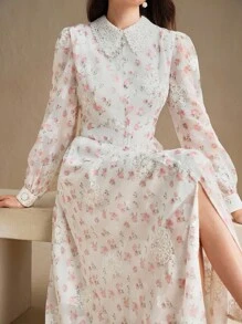 Anewsta Váy cổ ren hoa thanh lịch dành cho nữ - Hồng - Xem 7