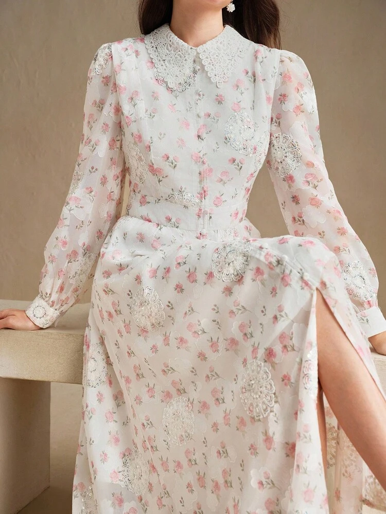 Women's Elegant Floral Lace Collar Dress