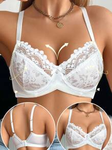 SHEIN 1pc Women's Elegant Lace Patchwork Underwire Bra Lace Bra Lace Bralettes For Women - White - View 1