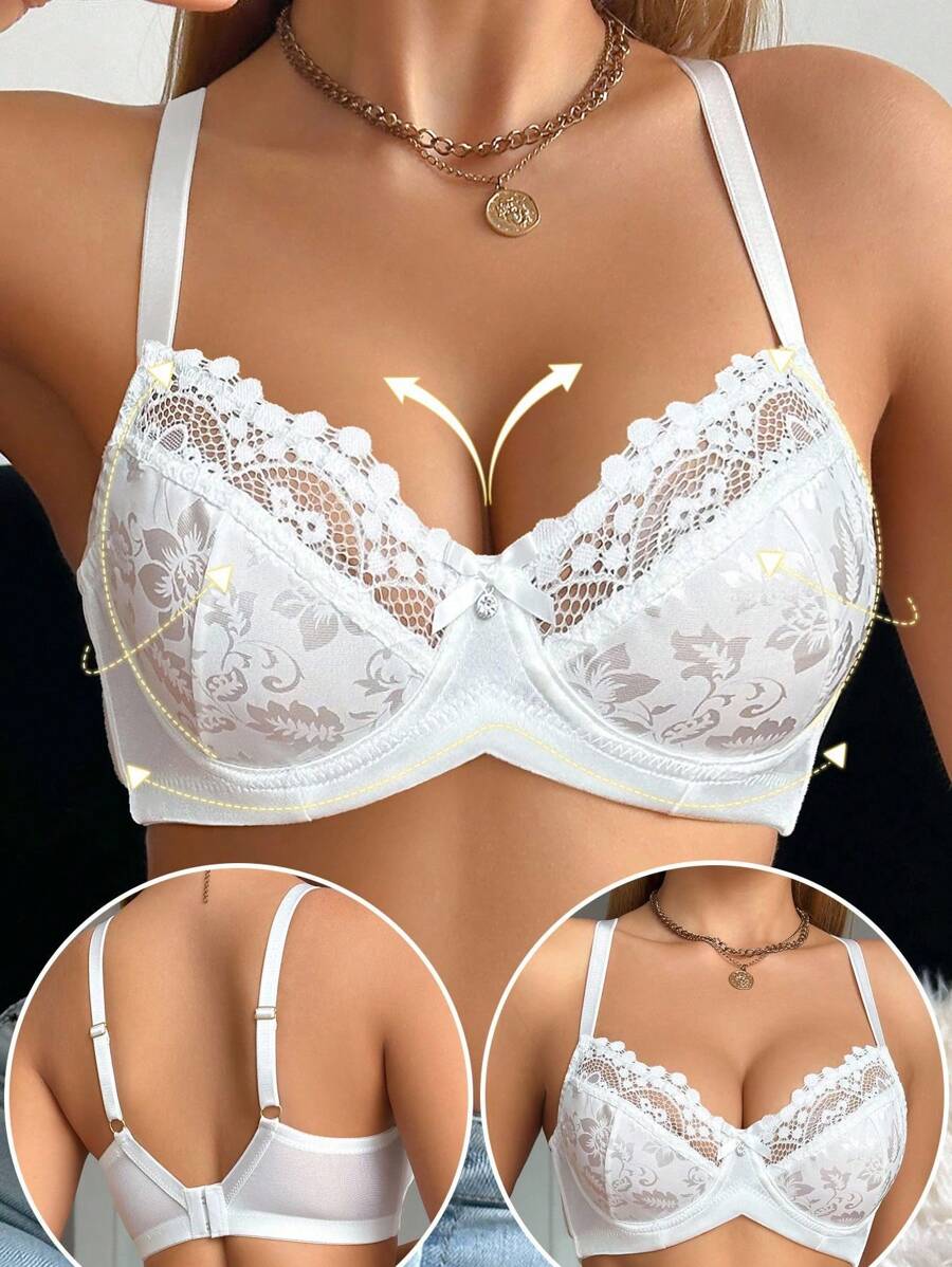 SHEIN 1pc Women's Elegant Lace Patchwork Underwire Bra Lace Bra Lace Bralettes For Women - White - View 1