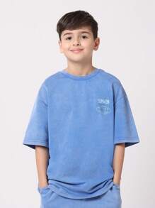 SUMWON Studios Boys Casual Two Piece Set Summer Crew Neck T-Shirt And Shorts Cotton Blend Matching Wear Coordinate Set Streetwear Style - Blue - View 3