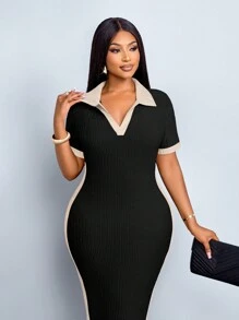 SOLERSUN “女式大码夏季休闲优雅简约基本款新款翻领V领短袖修身长裙黑杏色针织面料中长连衣裙” - 黑色 - 查看 3