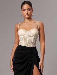 Silquee 红色性感蕾丝紧身衣，蕾丝拼布细肩带迷人透视紧身长袖紧身衣，适合日常穿着、约会之夜、外出 - 杏色 - 查看 4