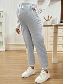 SHEIN Casual Fashion Versatile Simple Comfortable Drawstring Loose Maternity Sweatpants - Light Grey - View 7