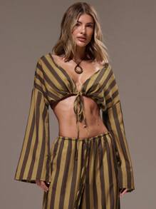 MUSERA 女士条纹系带长袖上衣，夏季度假海滩伊比沙岛春季款 - 棕色 - 查看 5