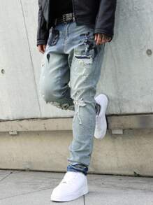 Manfinity EMRG 男式水洗做旧修身牛仔裤 - 淺色水洗藍 - 查看 5