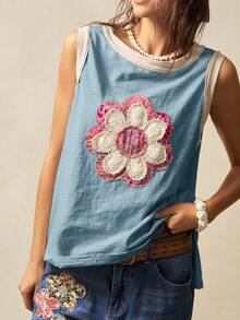 Bohemela Solid Color Knitted Sleeveless Loose Fit Tank Top For Women Flower Tank Top Boho Tank Top Women Cotton Tops Women Summer - Multicolor - View 1