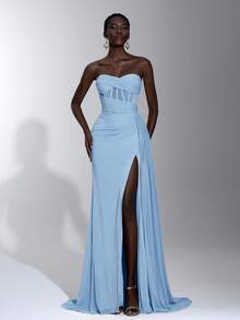 Elegant Dusty Pink Bandeau Ruched Waist Fishtail Mesh Ruffle High Slit Side Draped Maxi Dress, Suitable For Spring/Summer Dating, Vacation, Party, Wedding, Graduation, Formal Occasion - Baby Blue - View 1