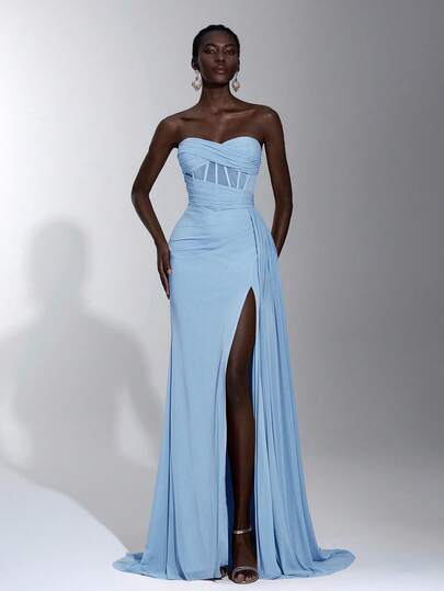 Elitara Elegante vestido largo de gasa con volantes, cintura fruncida, abertura lateral y falda de sirena en color rosa pálido, adecuado para citas, vacaciones, fiestas, bodas, graduaciones y ocasiones formales en primavera/verano