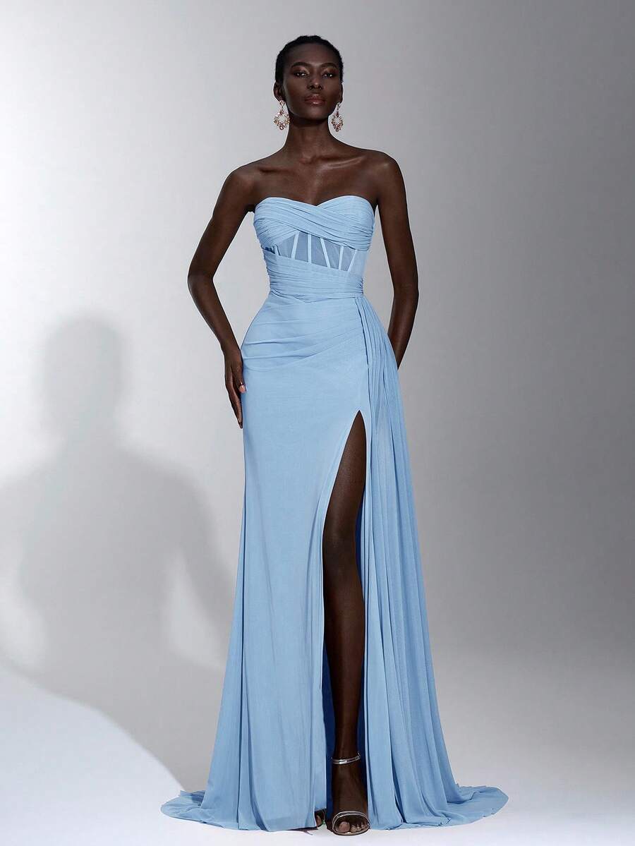 Elegant Dusty Pink Bandeau Ruched Waist Fishtail Mesh Ruffle High Slit Side Draped Maxi Dress, Suitable For Spring/Summer Dating, Vacation, Party, Wedding, Graduation, Formal Occasion - Baby Blue - View 1
