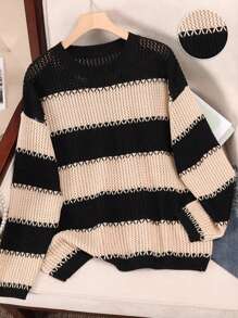 Franclia Nuovo maglione lavorato a maglia con scollo tondo, stile colorblock, design alla moda da blogger, lavorazione traforata e floreale, stile europeo e americano, pullover lavorato a maglia per l'autunno e l'inverno - Multicolore - Visualizzare 1