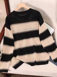 Franclia Nuovo maglione lavorato a maglia con scollo tondo, stile colorblock, design alla moda da blogger, lavorazione traforata e floreale, stile europeo e americano, pullover lavorato a maglia per l'autunno e l'inverno - Multicolore - Visualizzare 2