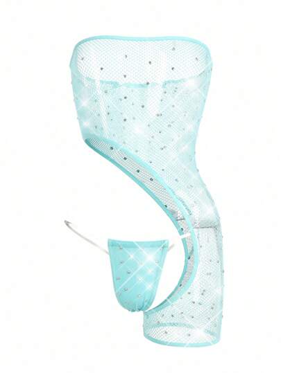 2pcs Sexy & Glamorous Asymmetric Design Rhinestone Decor Sheer Romper + G-String Women Lingerie Set For Rave, Going Out