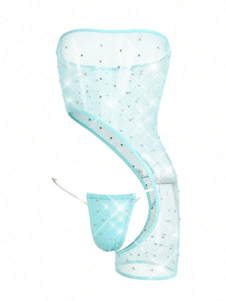 ChaseTheNight 2pcs Sexy & Glamorous Asymmetric Design Rhinestone Decor Sheer Romper + G-String Women Lingerie Set For Rave, Going Out - Mint Green - View 1