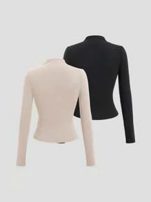 Sweetra Women's Solid Color Y2K Sexy Mock Neck Ruched Long Sleeve T-Shirt Fall Cloth For Women - Multicolor - View 2
