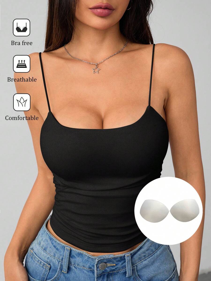 SHEIN PETITE 女士白色紧身圆领透气基本款吊带背心 女士黑色吊带背心 无胸罩背心