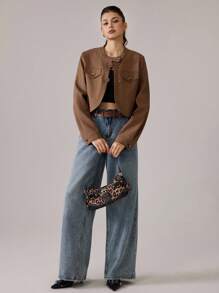 SHEIN MOD 女士拉链短款秋季外套，休闲拉链常规袖立领修身咖啡棕色纯色女式外套，适合秋冬季日常休闲穿着、外出、锐舞派对等场合。 - 黃色 - 查看 5